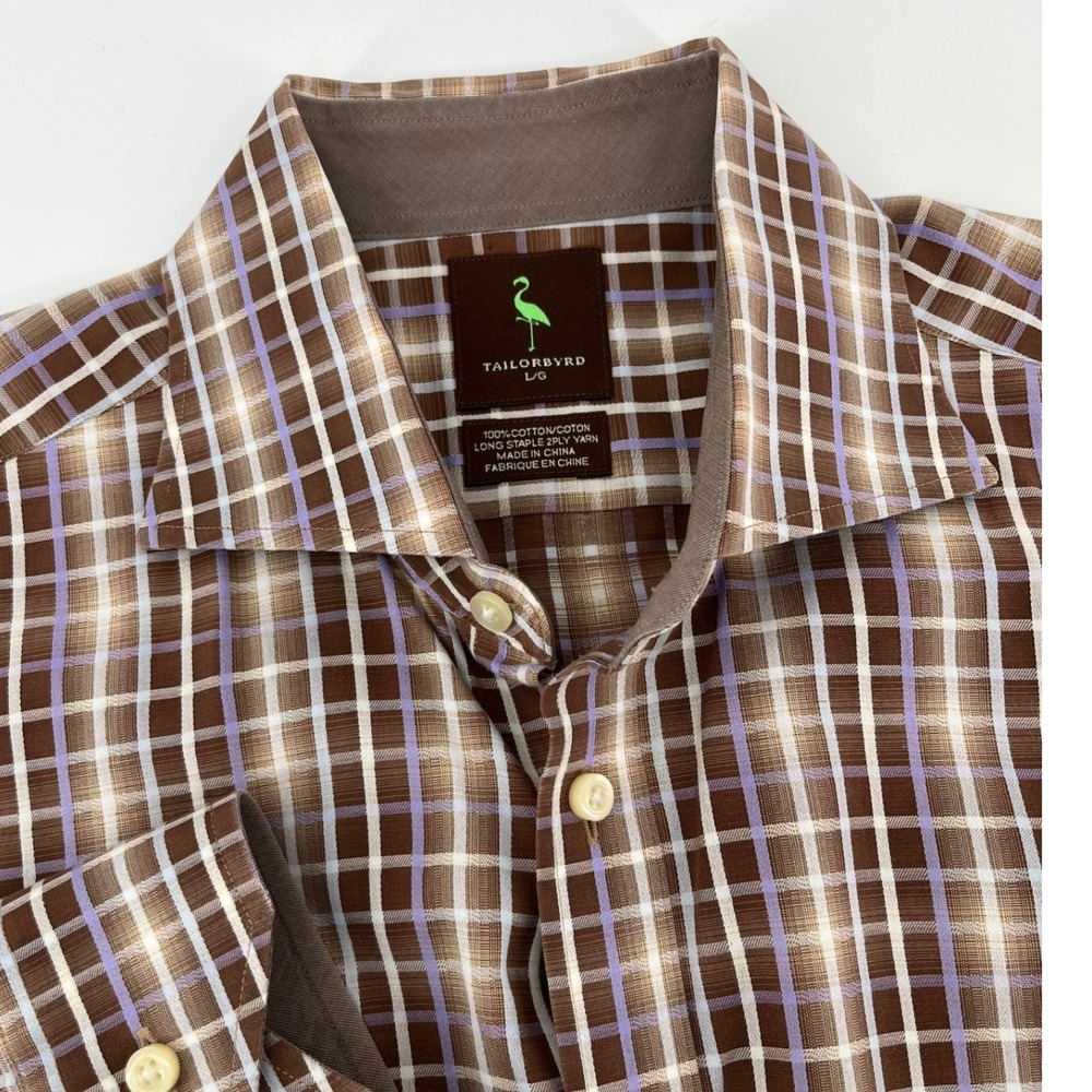 Tailorbyrd Button Down Shirt Mens L Brown Plaid Long Sleeve Cotton 1354